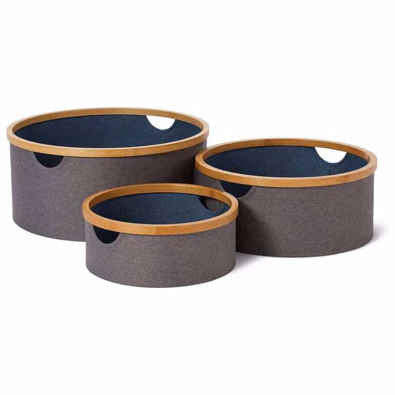 LUMALAND Scatola portaoggetti rotonda con cornice in bambù - Set da 3 - Grigio/Marrone