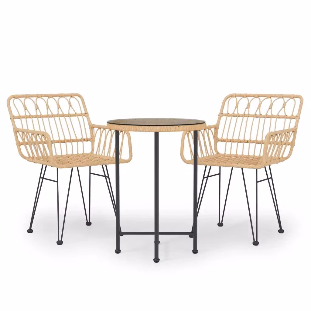 Set da pranzo da giardino moderno vidaXL in polyrattan beige con tavolo rotondo in vetro, 3 pezzi – 2