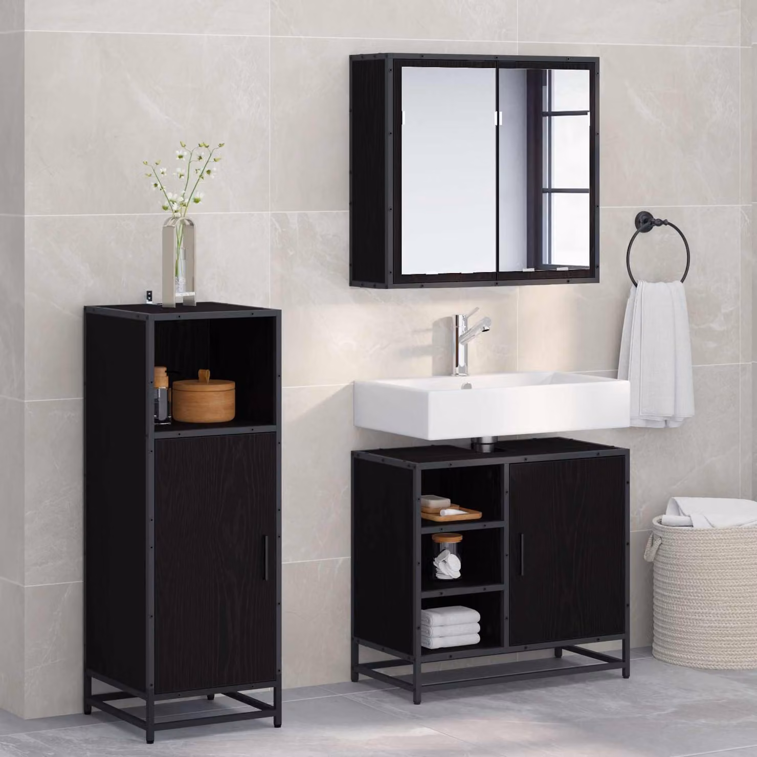 Set di mobili per il bagno moderno vidaXL 3 pezzi in legno e metallo nero L: 65 cm, P: 33 cm, H: 60 cm – 1