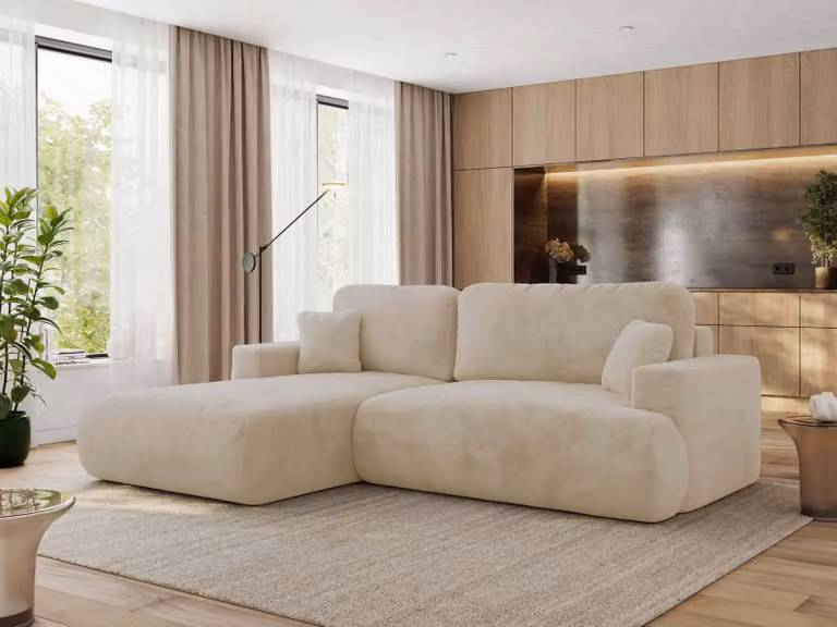 MKS MEBLE divano angolare OVO con funzione letto e box letto, peluche crema, divano a L, divano angolare a 4 posti, 271x195x95 cm - lato sinistro