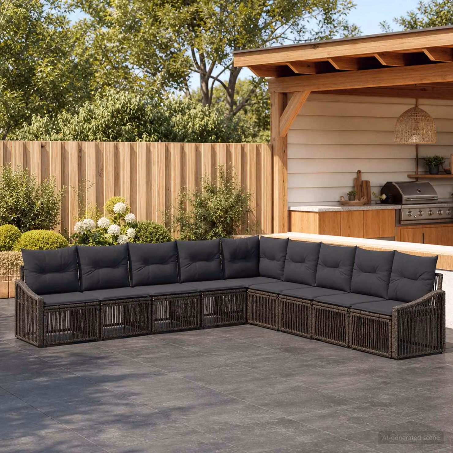 Set Divano da Giardino L-Shape vidaXL in Polyrattan Grigio con 9 Pezzi e Cuscini Rimovibili