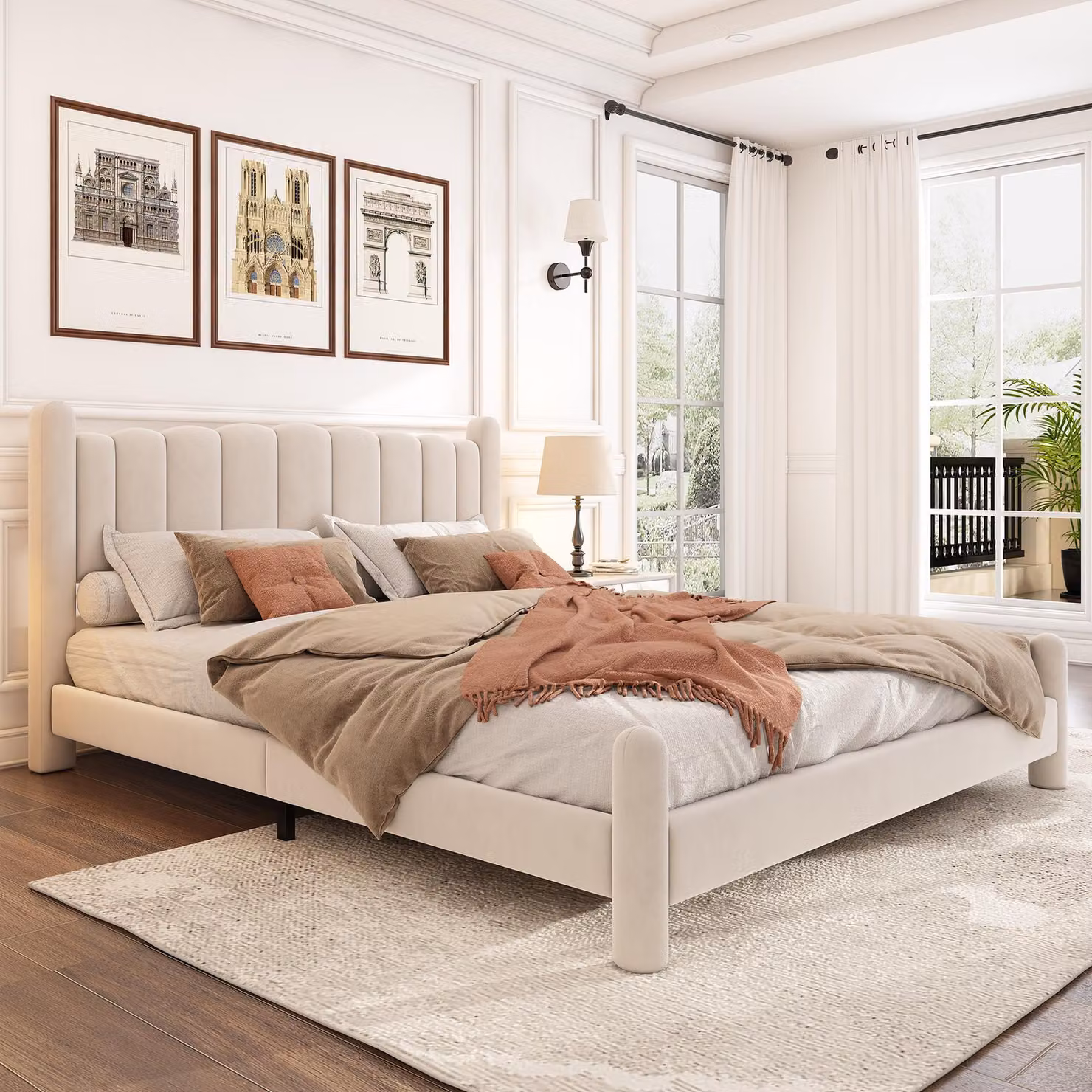 Letto imbottito 160 x 200 cm con rete a listelli, testiera a forma di ventaglio, rivestimento in velluto e piedi cilindrici, color beige