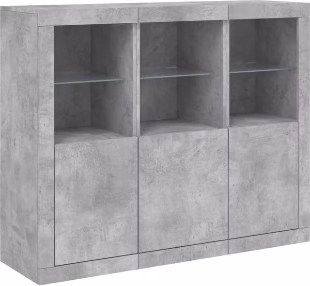 Set di 3 mobili contenitori moderni con luci LED integrata per cucina e soggiorno in legno MDF e vetro, colore grigio opaco