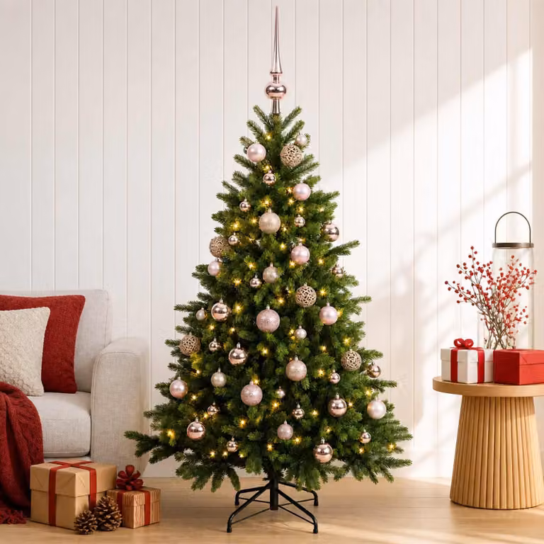 Albero di Natale artificiale con decorazioni natalizie, altezza 150 cm, 150 luci LED