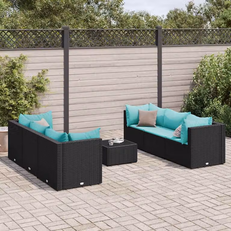 Set Salotto da Giardino vidaXL a Forma di L con Cuscini, Divano a 2 Posti, Elemento Angolare e Tavolino, Colore Nero e Blu