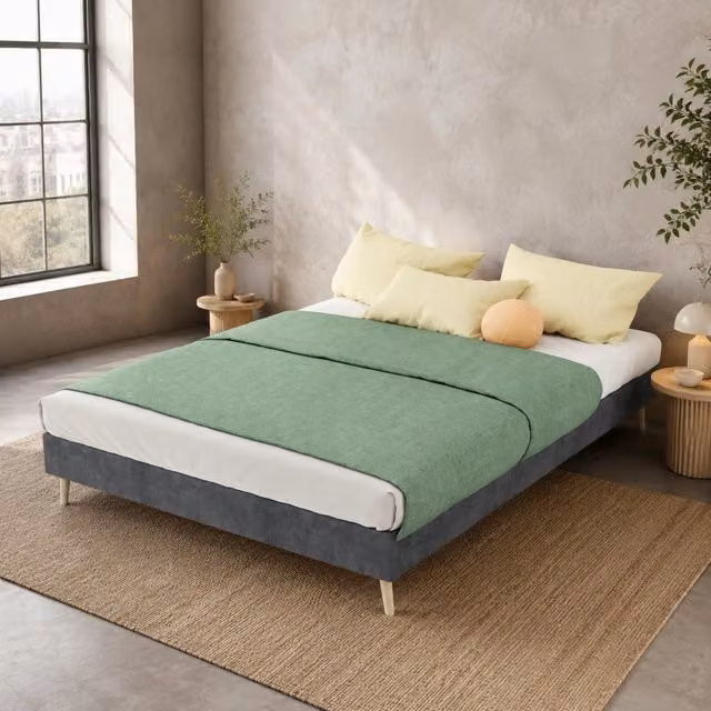 Struttura letto matrimoniale MODFU in tessuto grigio e metallo con stile moderno L/P: 140 x 200 cm