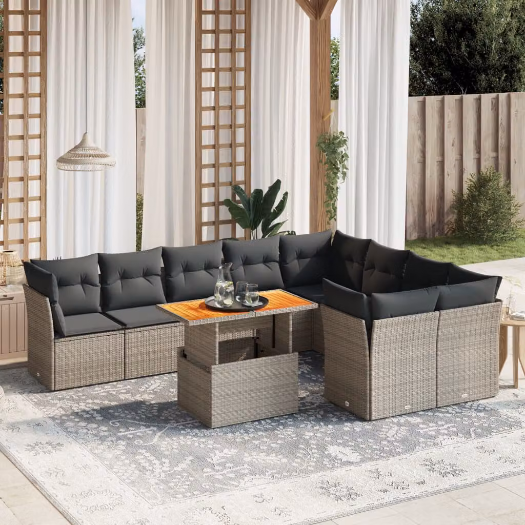Set Divano da Giardino vidaXL 10 pz in Polyrattan Grigio con Cuscini e Tavolino da Esterno – 1