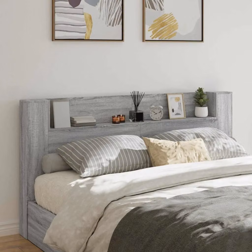 Testiera Design In Grigio Sonoma con Illuminazione Integrata e Mensola, L 200 x H 103,5 x P 16,5 cm in Legno Multistrato – 2