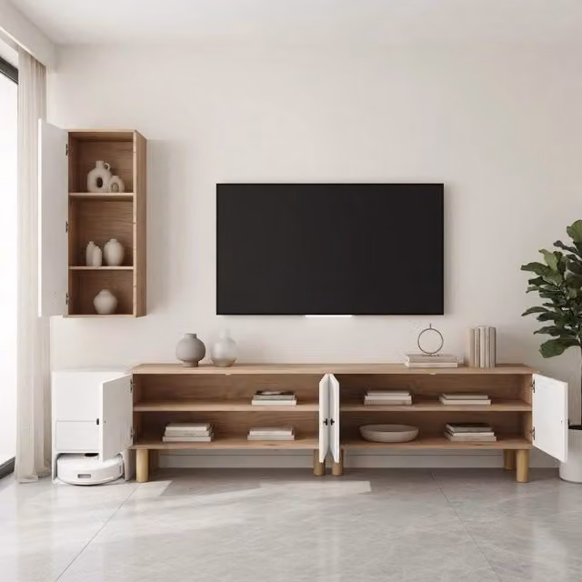 Credenza TV bianca e naturale in truciolare lunghezza 170 cm