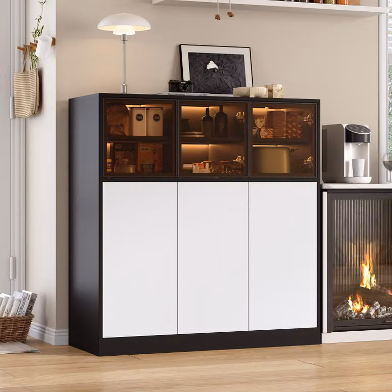 Cassettiera Merax, con illuminazione LED, 3 ante in vetro, 3 ante, mobile contenitore per soggiorno cucina sala da pranzo, 100×40×105 cm, nero+bianco