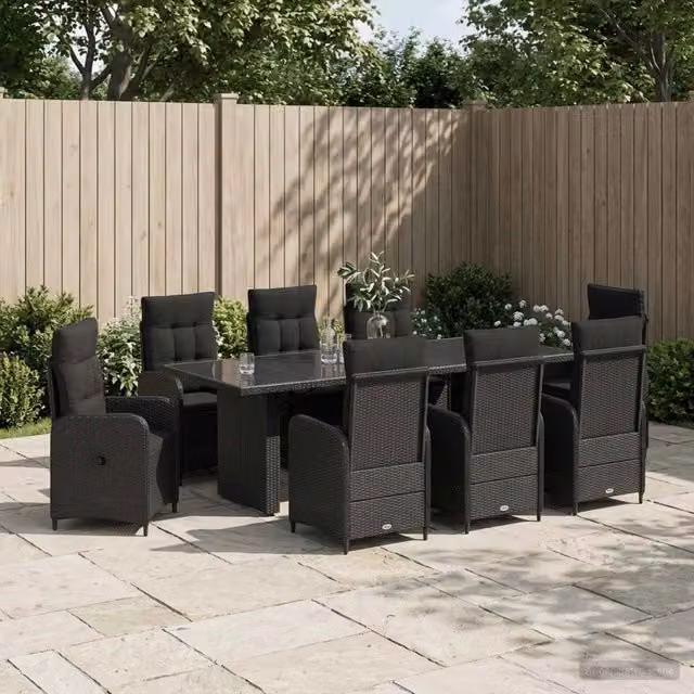 Set da pranzo per esterni vidaXL in polyrattan nero con tavolo in legno di acacia per giardino e terrazza, 9 pezzi