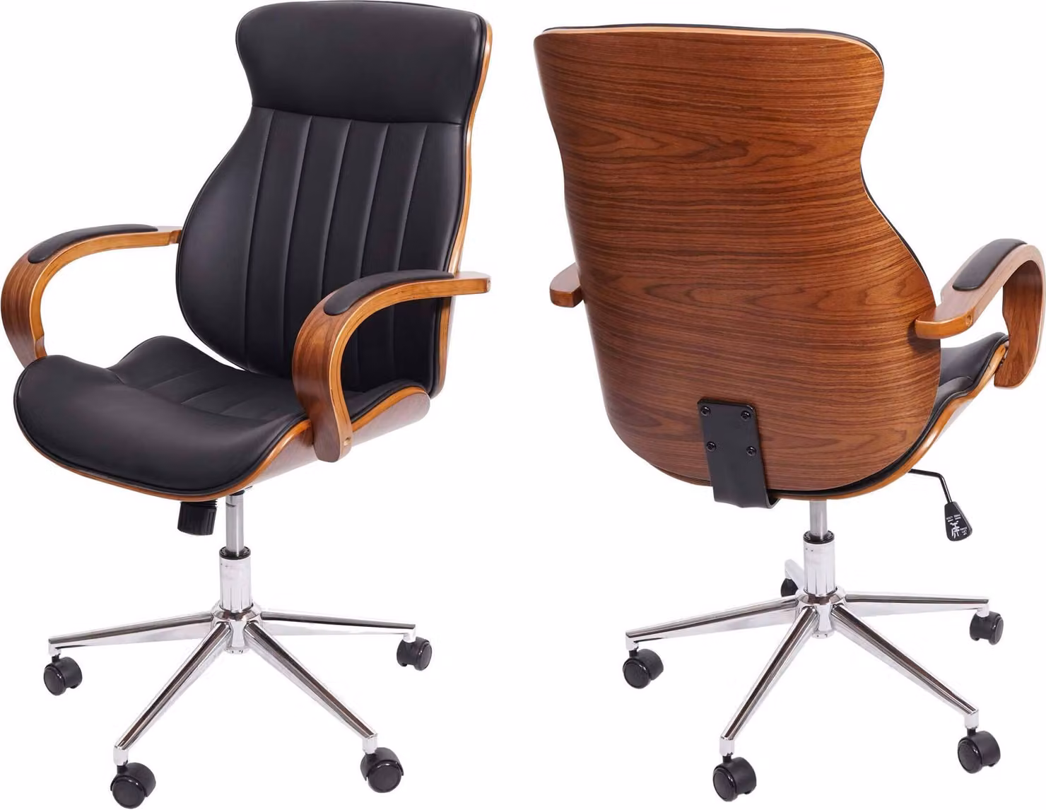 Sedia da ufficio MCW-H39, sedia da scrivania girevole, poltrona da ufficio, legno curvato effetto noce, Pelle finta, certificata MVG ~ nera