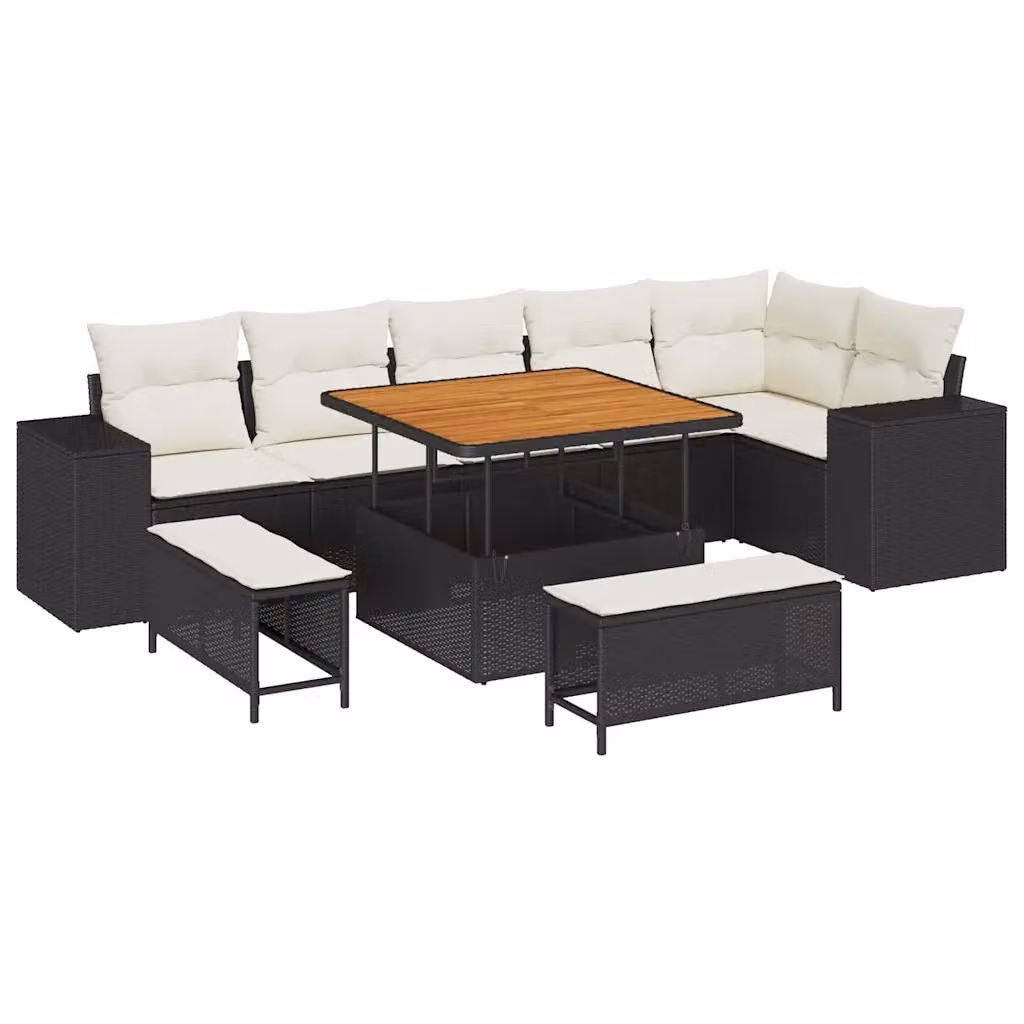 vidaXL Set Divano da Giardino a L con 9 Pezzi, 6 Posti, Nero e Beige con Cuscini e Tavolino da Esterno – 2