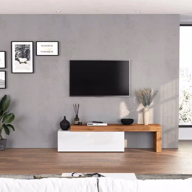 WHOUS Mobile porta tv Chronos estensibile con 1 anta a ribalta bianco/rovere 180/290x40x51 cm