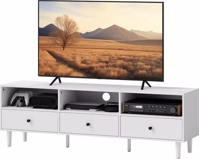 Mobile TV bianco 140x34x45 cm con 3 cassetti e 3 vani aperti, gestione cavi, per TV fino a 75 pollici