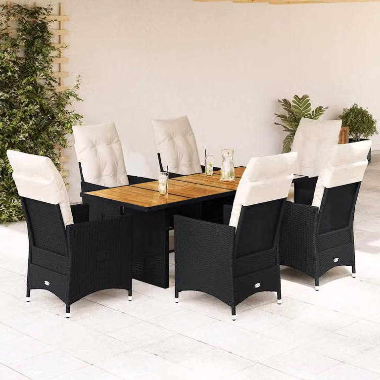Set da pranzo da giardino vidaXL in legno di acacia oliato e polyrattan con 7 pezzi e cuscini nero, beige o bianco