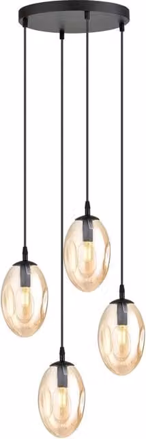 Lampada a sospensione minimalista Lancelot Luceart-Classic con 4 luci in metallo nero e vetro ambra trasparente