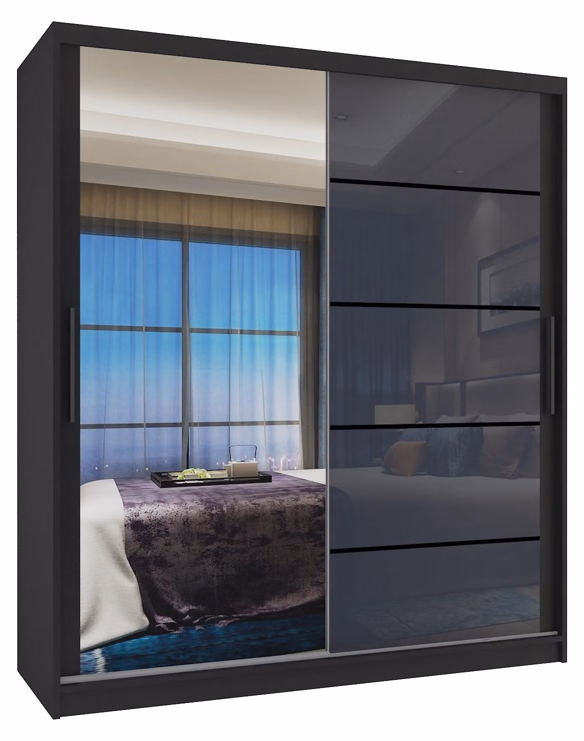 BELINI Verona, armadio scorrevole da 133 cm, nero/grigio lucido - armadio con specchio e 2 cassetti, ideale per la camera da letto