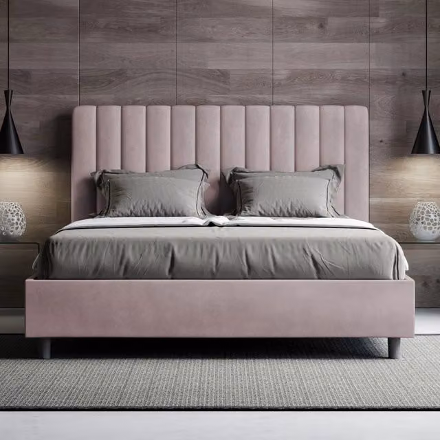 Letto imbottito Matrimoniale francese 140x190 cm Agueda - Con rete,Glicine,Microfibra