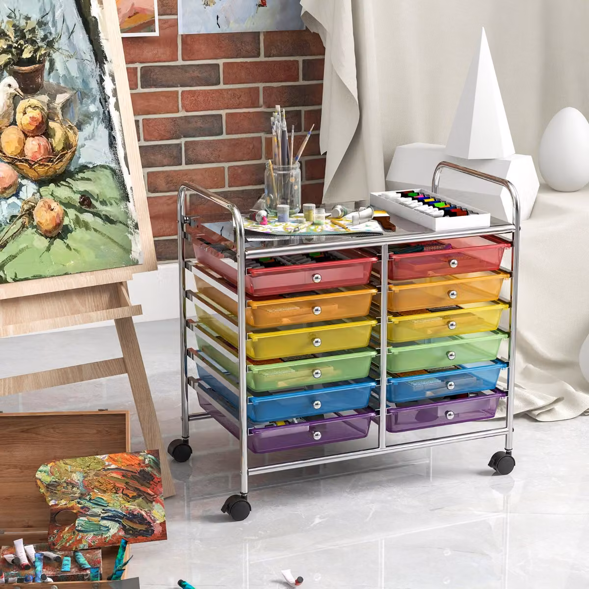 Carrello portaoggetti Costway con 12 cassetti e ampio piano di lavoro, cassettiera moderna con ruote per soggiorno e cucina, Multicolore Trasparente