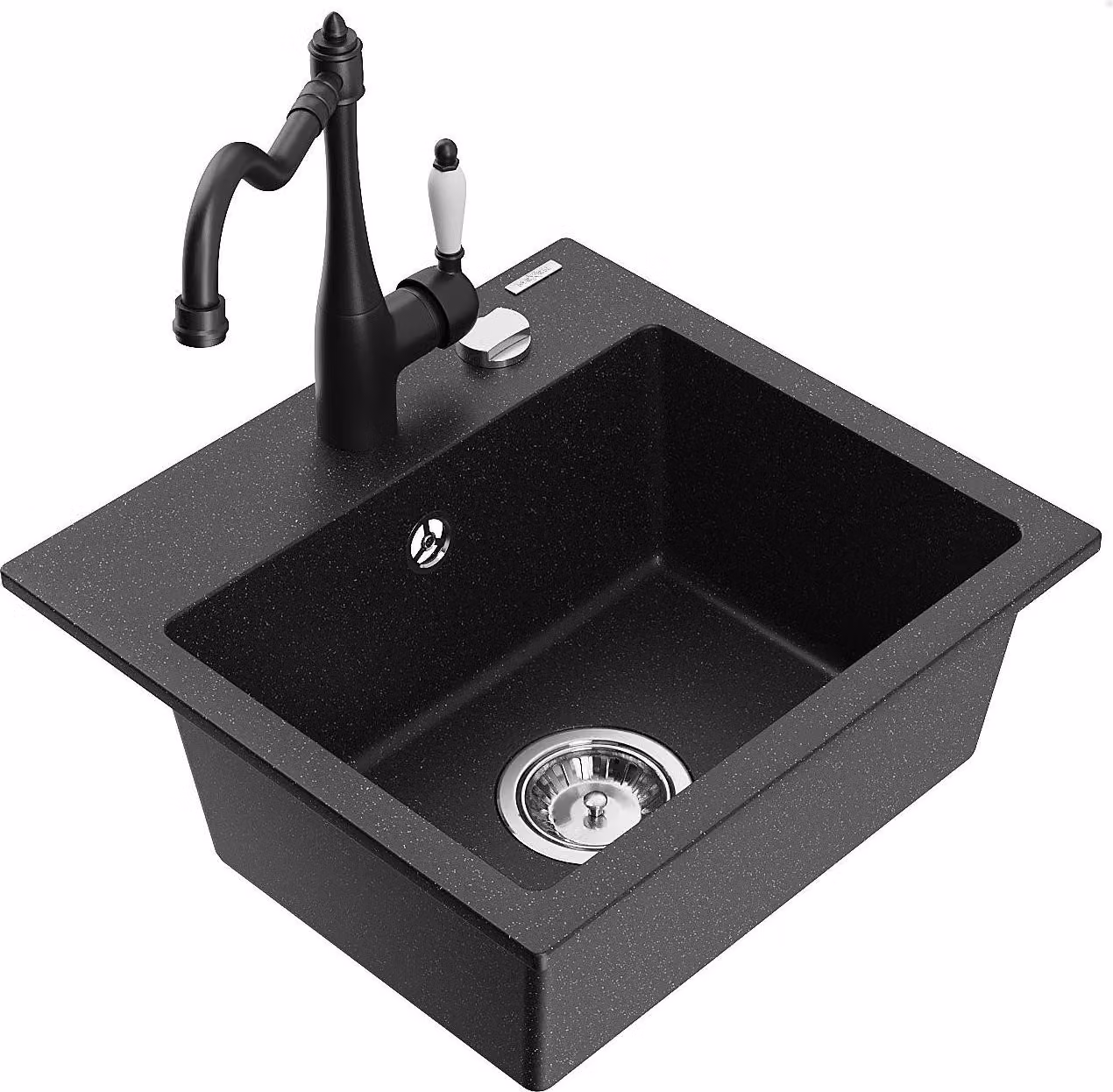 Mexen Milo lavello in granito a 1 vasca con miscelatore da cucina Carla, nero/argento metallico - 6505-73-670700-70