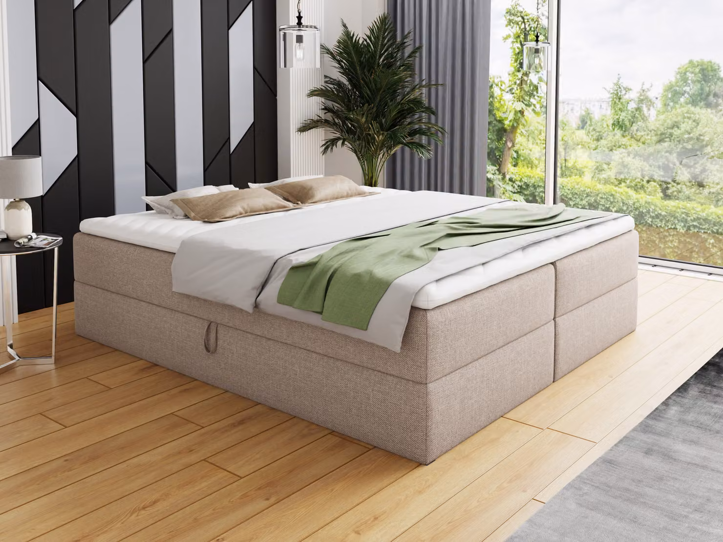 Letto boxspring Base con 2 cassetti - Letto matrimoniale con materasso Bonell e topper, letto imbottito, letto indipendente (Beige (Inari 22), 180 x 200 cm)