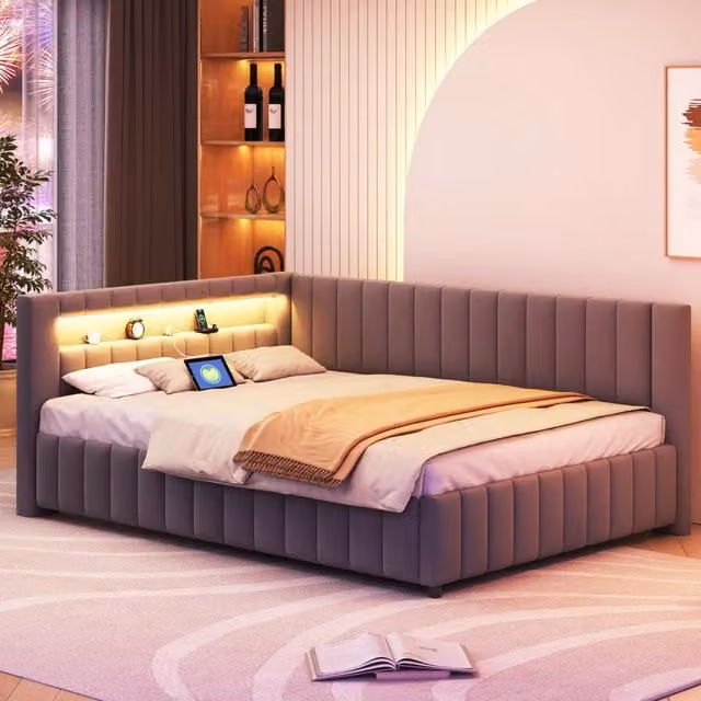 Divano letto a L Mivray rivestito in velluto grigio con illuminazione LED multicolore e ricarica USB, dimensioni 140 x 200 cm