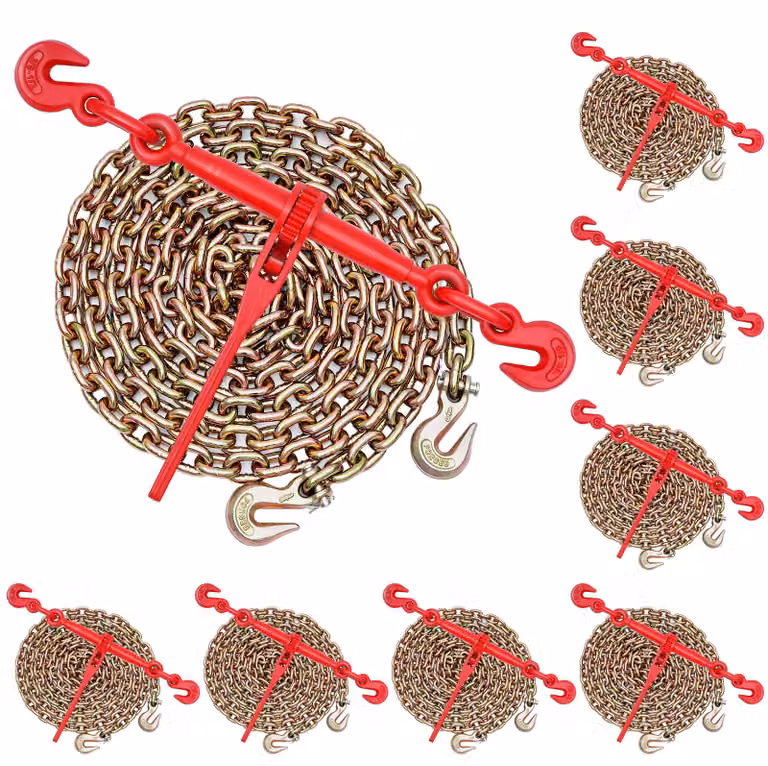 SucceBuy Tenditore a cricchetto con catene di fissaggio G80 10 mm x 3 m, set da 8, forza di tensionamento 4173 kg, tendicatena con 2 ganci, fissaggi per catene di trasporto, adatto per il fissaggio del carico e rimorchi a pianale