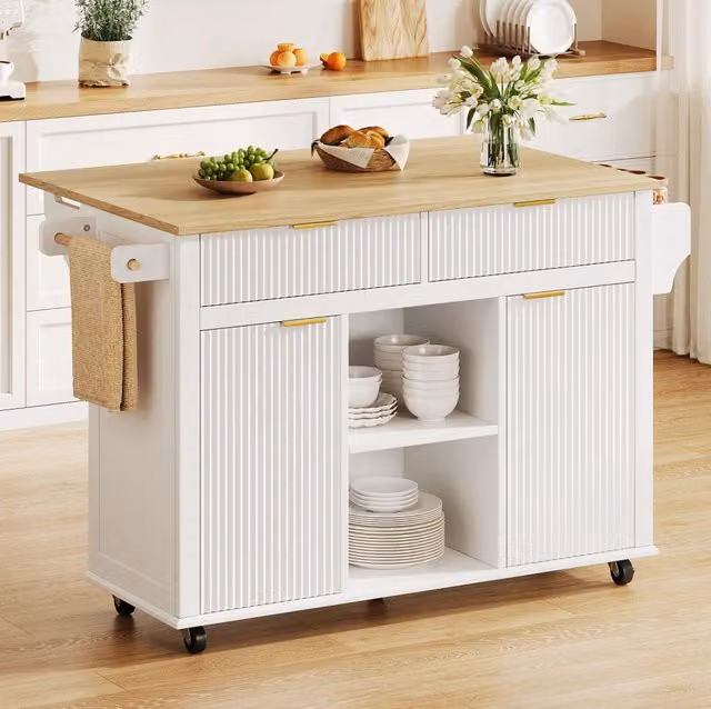 Isola da cucina su ruote 143 cm con piano ribaltabile; 2 cassetti; 2 ante; bianco naturale