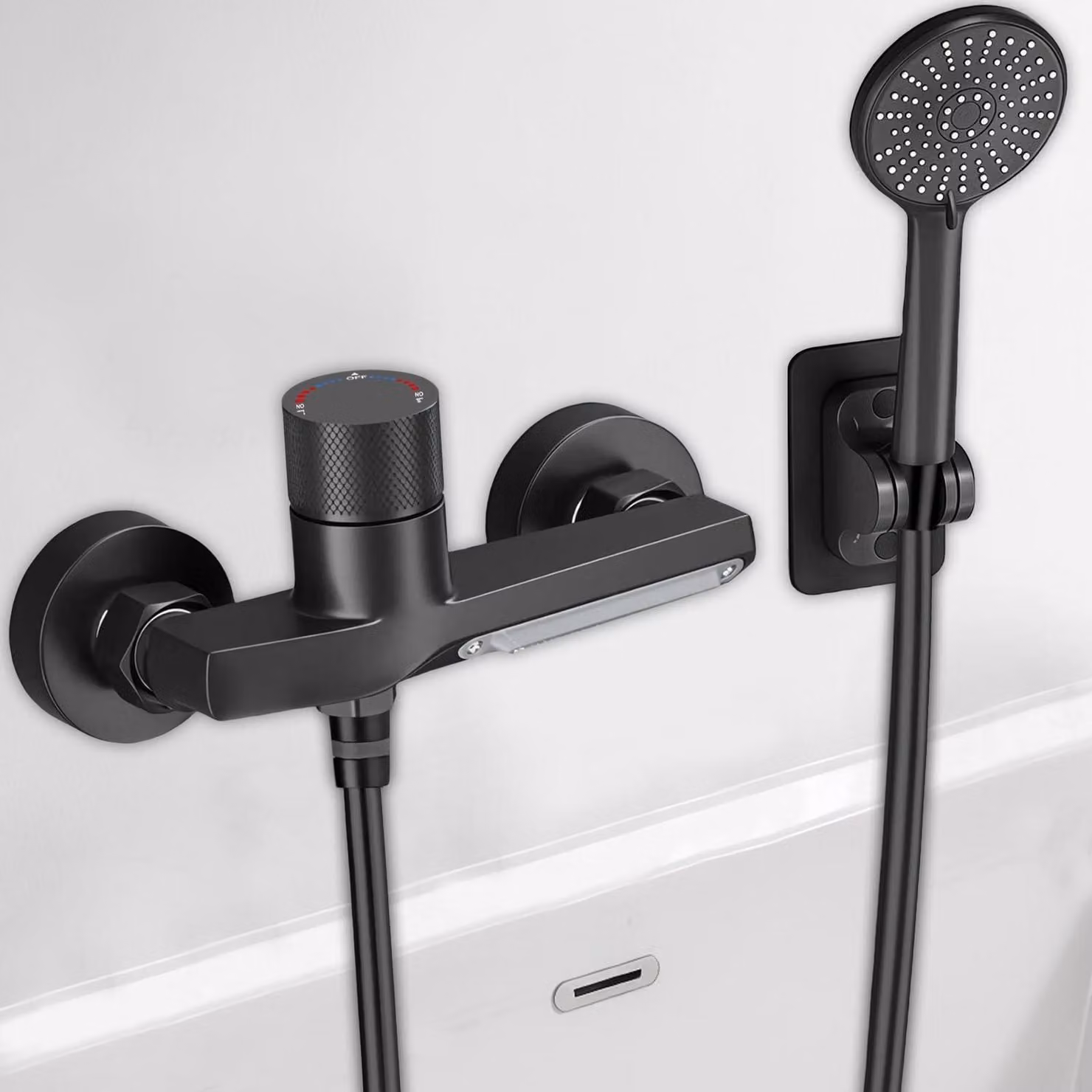 Miscelatore per vasca da bagno a cascata con doccetta manuale, in ottone nero, 5 funzioni