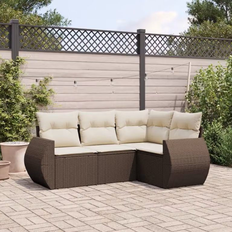 vidaXL Set Divano da Giardino a L 4 pz in Polyrattan Marrone e Bianco con Cuscini Imbottiti e Rivestimenti Rimovibili