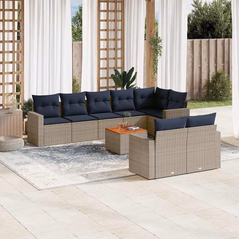 Set di divani da giardino vidaXL in polyrattan grigio con cuscini, tavolino e sedute a forma di L per esterno