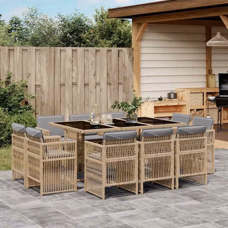 Set Pranzo da Giardino vidaXL 11 pz in Polyrattan con Cuscini Beige e Tavolo in Vetro