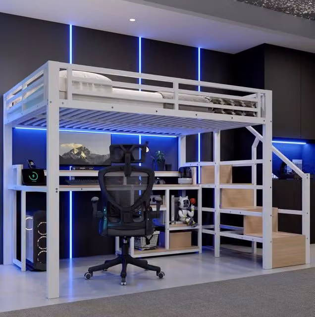 Letto a soppalco 140x200 cm in metallo e MDF con scaffale; USB Type-C e LED; bianco
