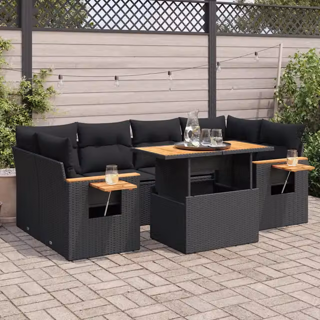 Set Divani da Giardino con Cuscini 7pz Nero Polyrattan Acacia 3327562