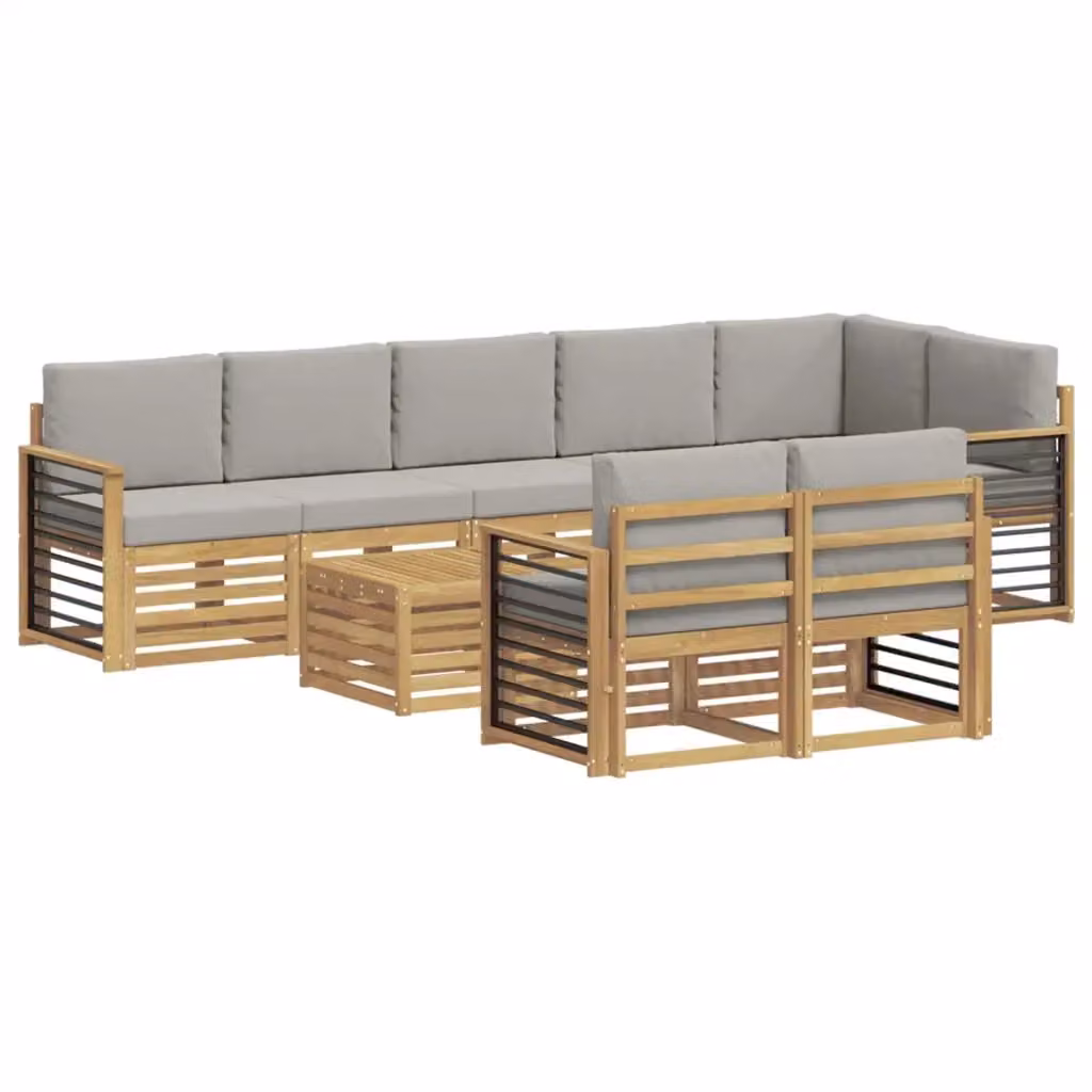 Set di divani da esterno vidaXL a forma di L con tavolo da caffè, 9 pezzi, Bianco e Grigio, in legno di acacia e tessuto resistente ai raggi UV – 2