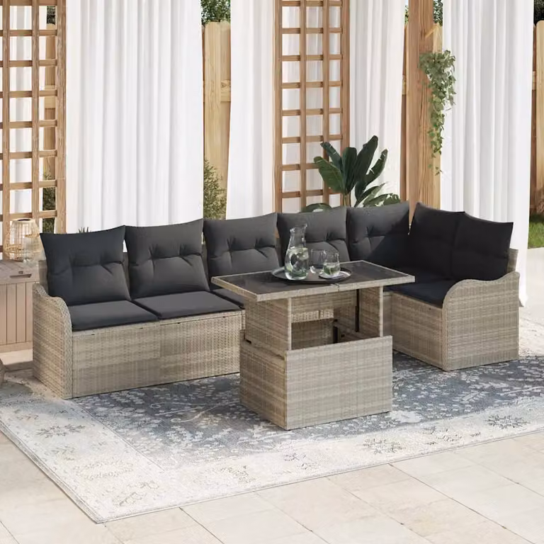 Set Divano da Giardino a L vidaXL 7 Pezzi Grigio con Cuscini e Tavolino da Caffè in Acciaio Verniciato a Polvere