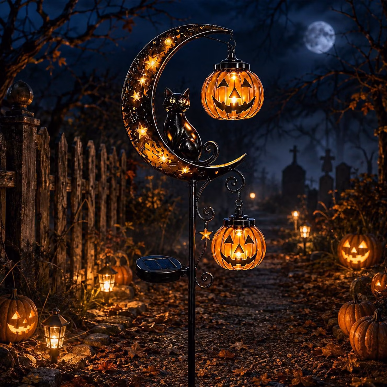 Lampada solare a tema Halloween con gatto e zucca, impermeabile