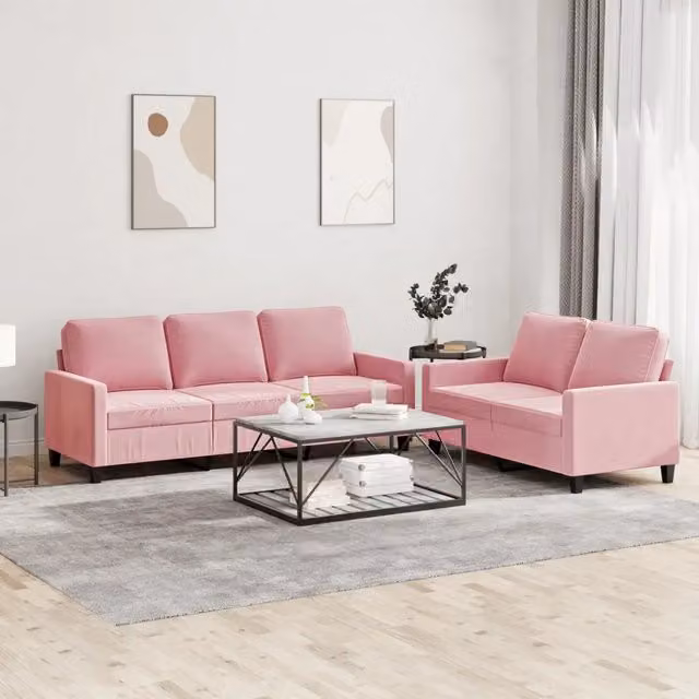 Set di 2 divani vidaXL in velluto rosa con cuscini per soggiorno in stile moderno