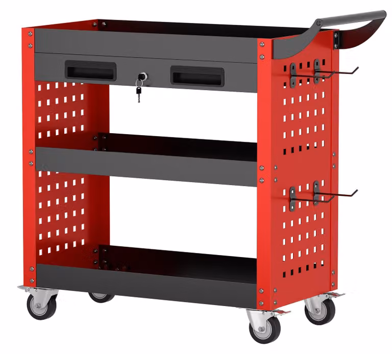Carrello da officina con pannello forato - Capacità di carico: 150 kg - Dimensioni: 78x35x70 cm - Materiale: metallo - Colore: rosso