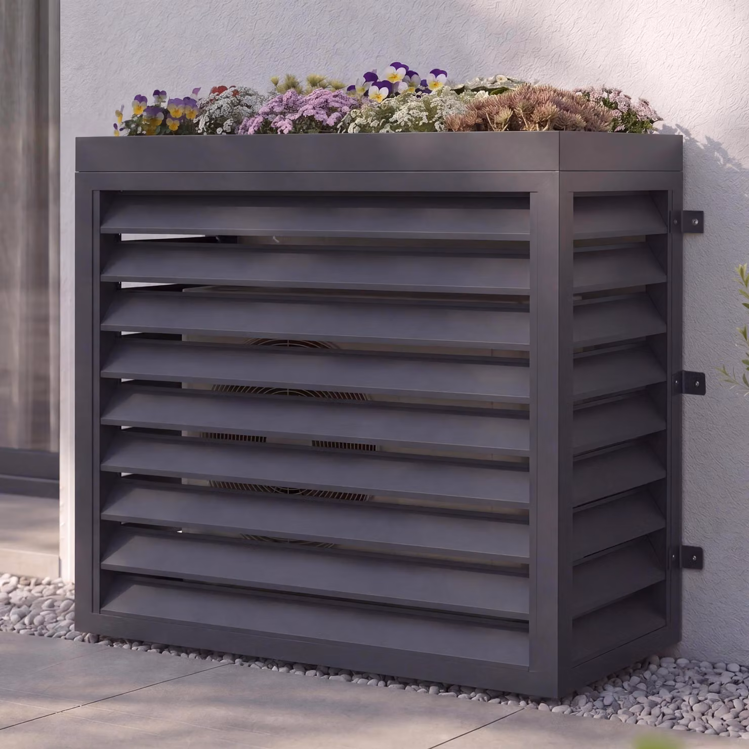 Copertura per impianto di climatizzazione/scambiatore di calore HWC-O43 con fioriera, copertura, metallo 118x124x65 cm ~ antracite