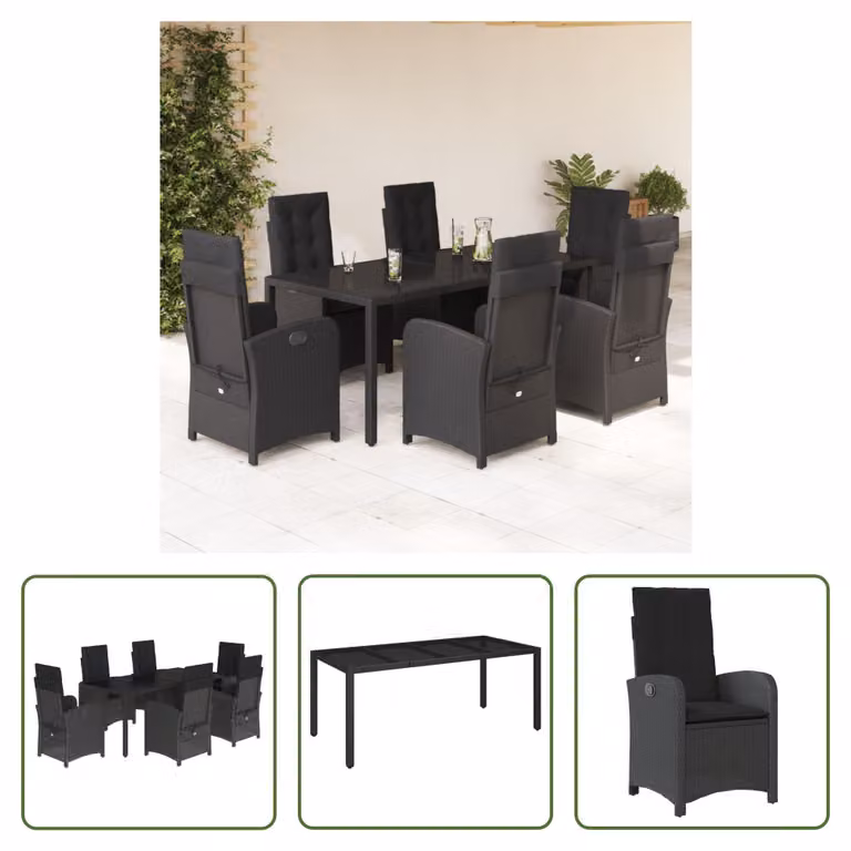 The Living Store Set da pranzo da giardino 7 pezzi con cuscini in polirattan nero