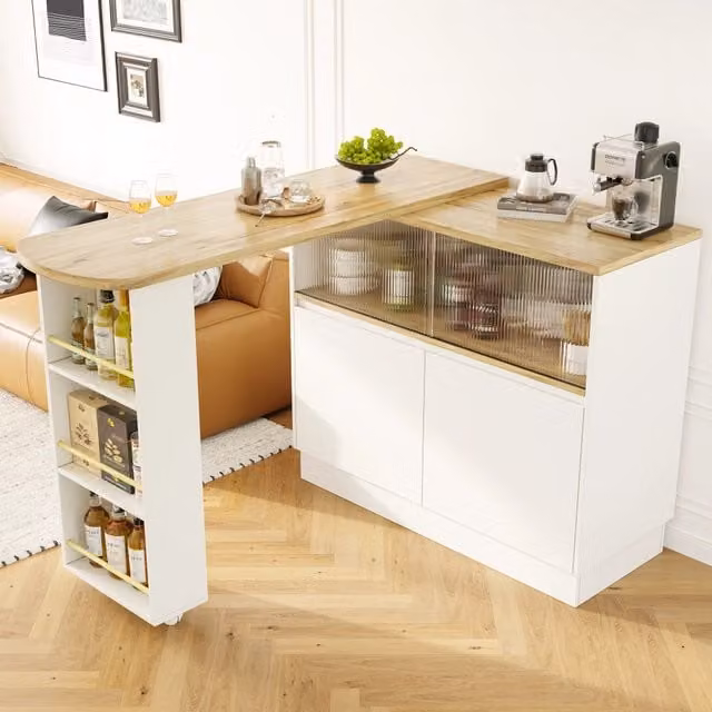 Mobile bar girevole OKWISH bianco con ante scorrevoli in vetro e ripiani in MDF per cucina e sala da pranzo L: 100 cm, P: 45 cm, H: 90 cm