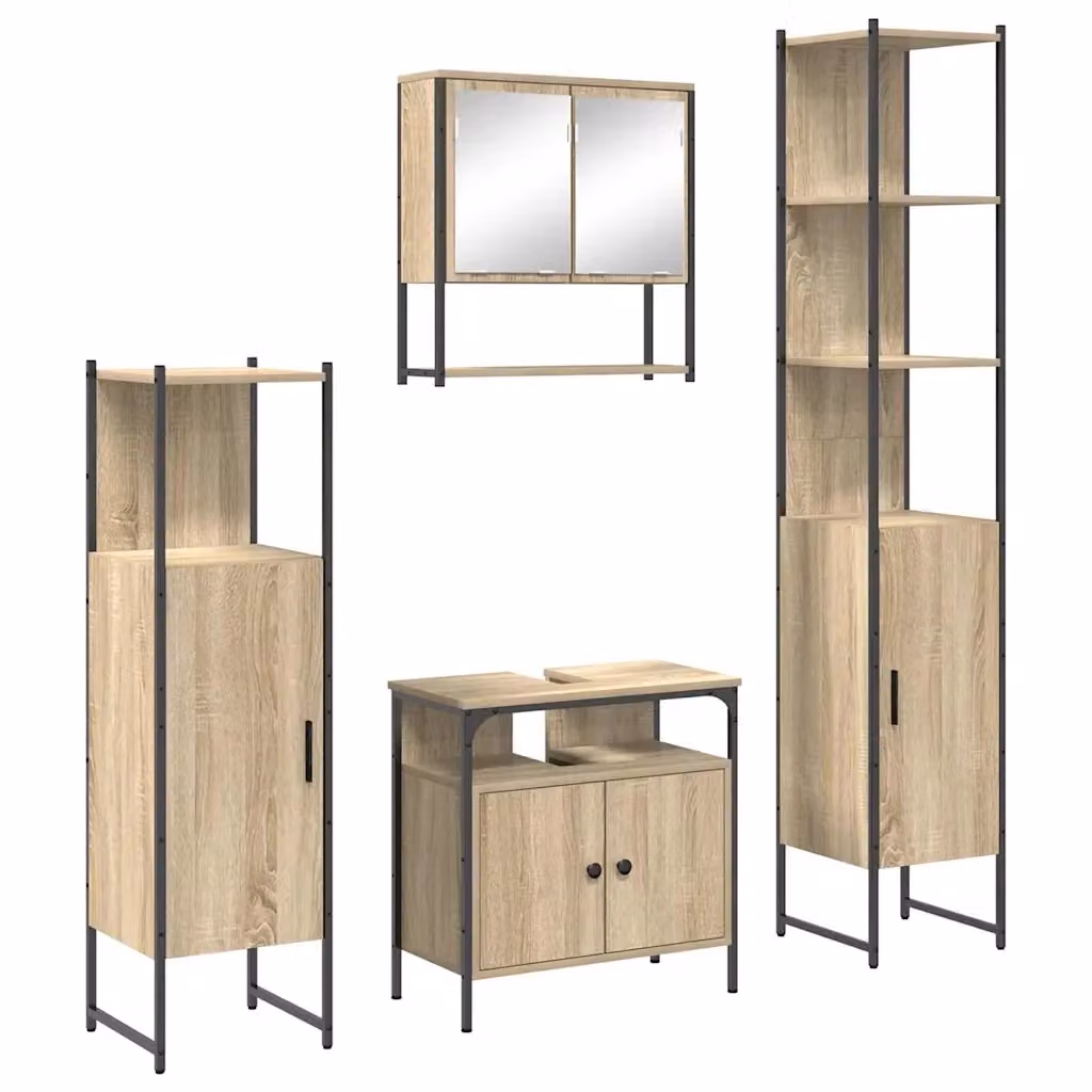 Set di mobili da bagno moderno vidaXL in legno e MDF marrone e nero con armadietto a specchio, mobile lavabo e pensile a parete – 2