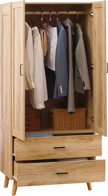 Armadio Guardaroba per Vestiti con 2 Ante e 2 Cassetti con Asta Appendiabiti Effetto Legno Chiaro per Casa 80 x 54 x 180 cm