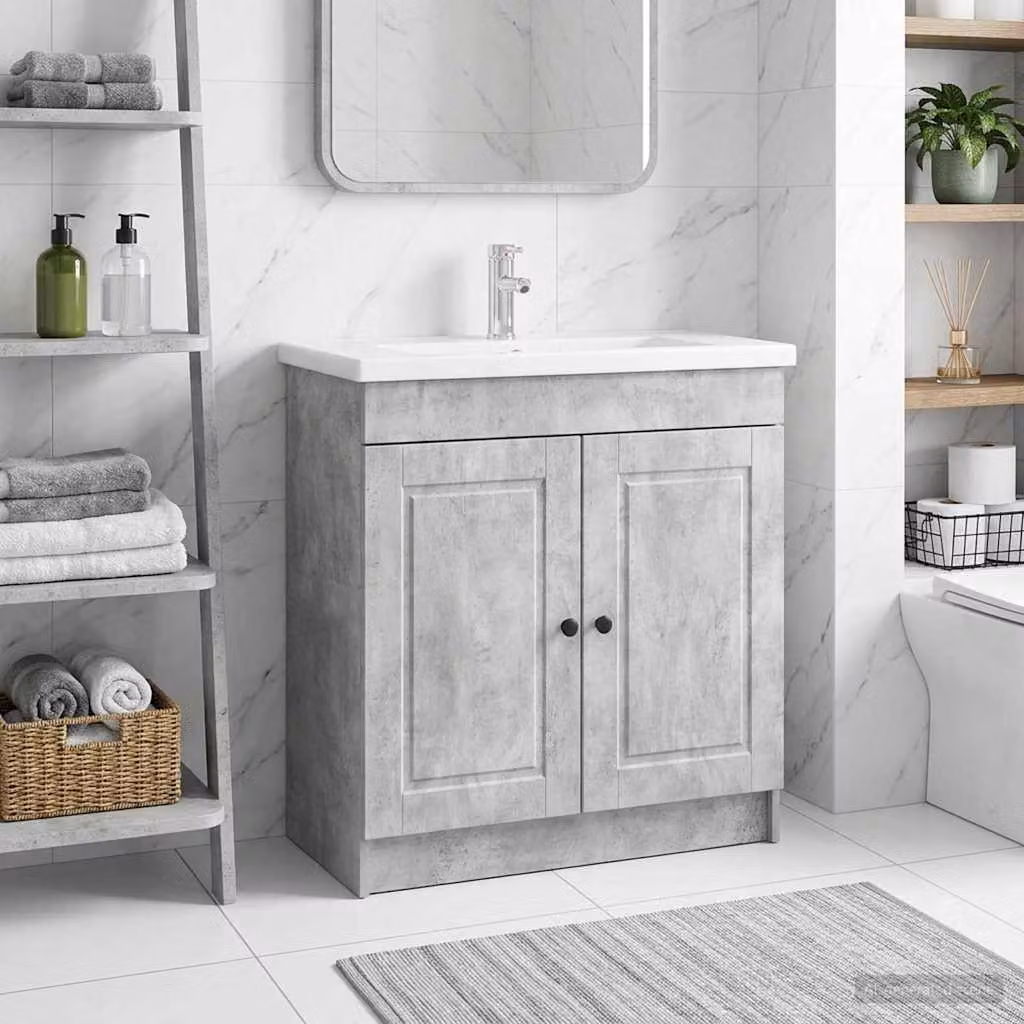 Mobiletto da bagno sotto il lavello vidaXL Grigio Cemento con ante a battente e ripiani interni, L/P/H: 81.0 x 37.5 x 56.0 cm