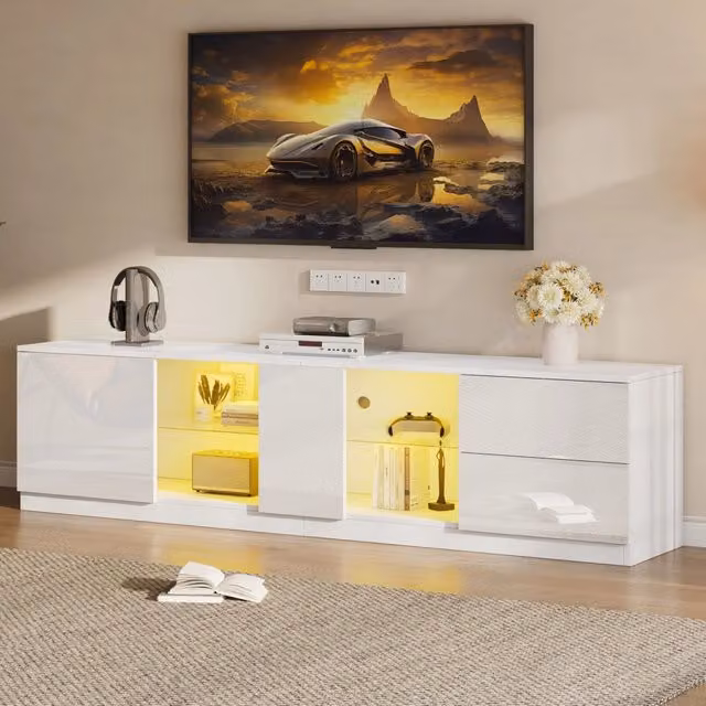 Mobile TV Zephmum moderno in finitura lucida bianca con illuminazione LED integrata per TV fino a 65 pollici, L: 160 cm, P: 40 cm, H: 52 cm – 1