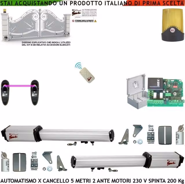 Automatismo Cancello 5 Metri 2 Ante da 2,5 MT Kit Base Automazione 2 Motori Elettromeccanici 230V Spinta 2 Q.li Sblocco Staffe Centrale Con Ricevente Un Radiocomando Faro Fotocellule Cartello Monitore