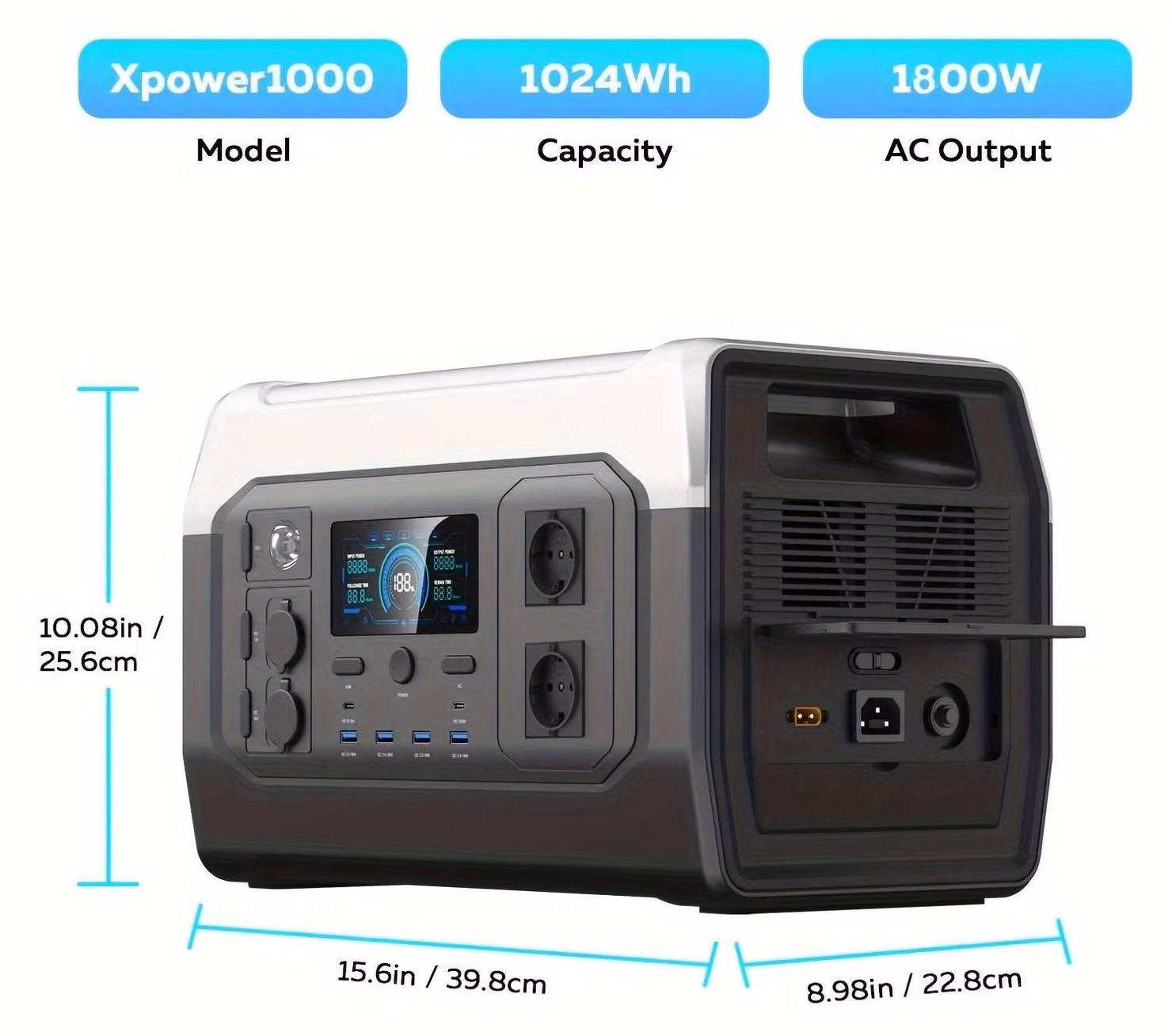 Centralina portatile – Batteria esterna – Fonte di energia – Power bank – Batteria – Capacità di 1024 Wh – Potenza di uscita di 1800 W