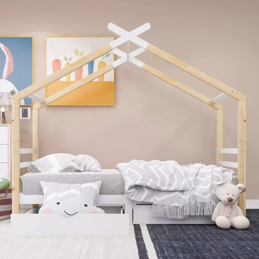 Letto per bambini in legno di pino e MDF bianco con cassetti, stile scandinavo, L/P/H: 200 x 90 x 120 cm – 2